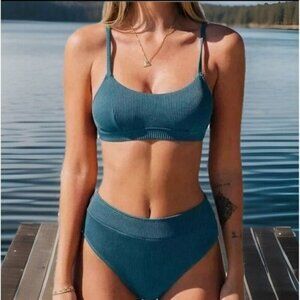 Cupshe Women’s Blue Ribbed Bikini Set Small Scoop Neck Top High Waist Bottom